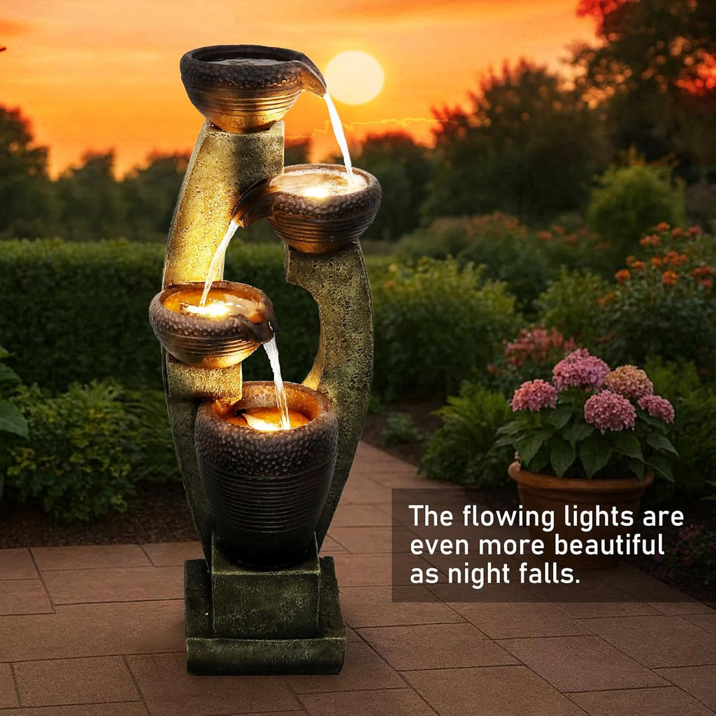 Naturefalls 40' Tall Outdoor Water Fountain and Waterfalls - Large Garden Fountain with LED Lights, 4-Tier Crocks, Indoor and Outdoor Fountains for Garden, Patio, Deck, Porch, Backyard and Home, Gray
