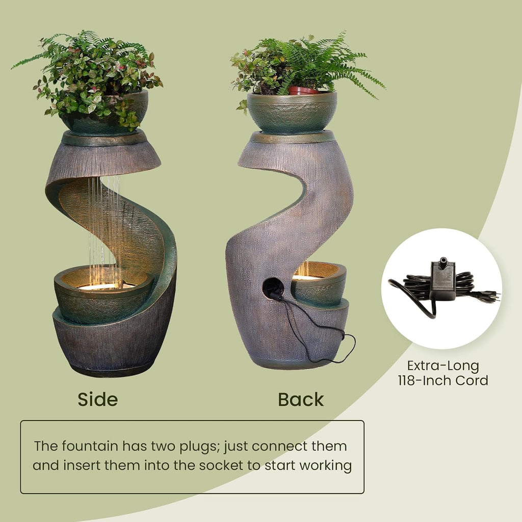 31.9' Outdoor Water Fountain with Lights – S-Shaped Water Feature Outdoor Modern Resin Waterfall Feature with Bowl Planter, Decorative Garden Fountain for Patio Balcony Porch Yard, Gold