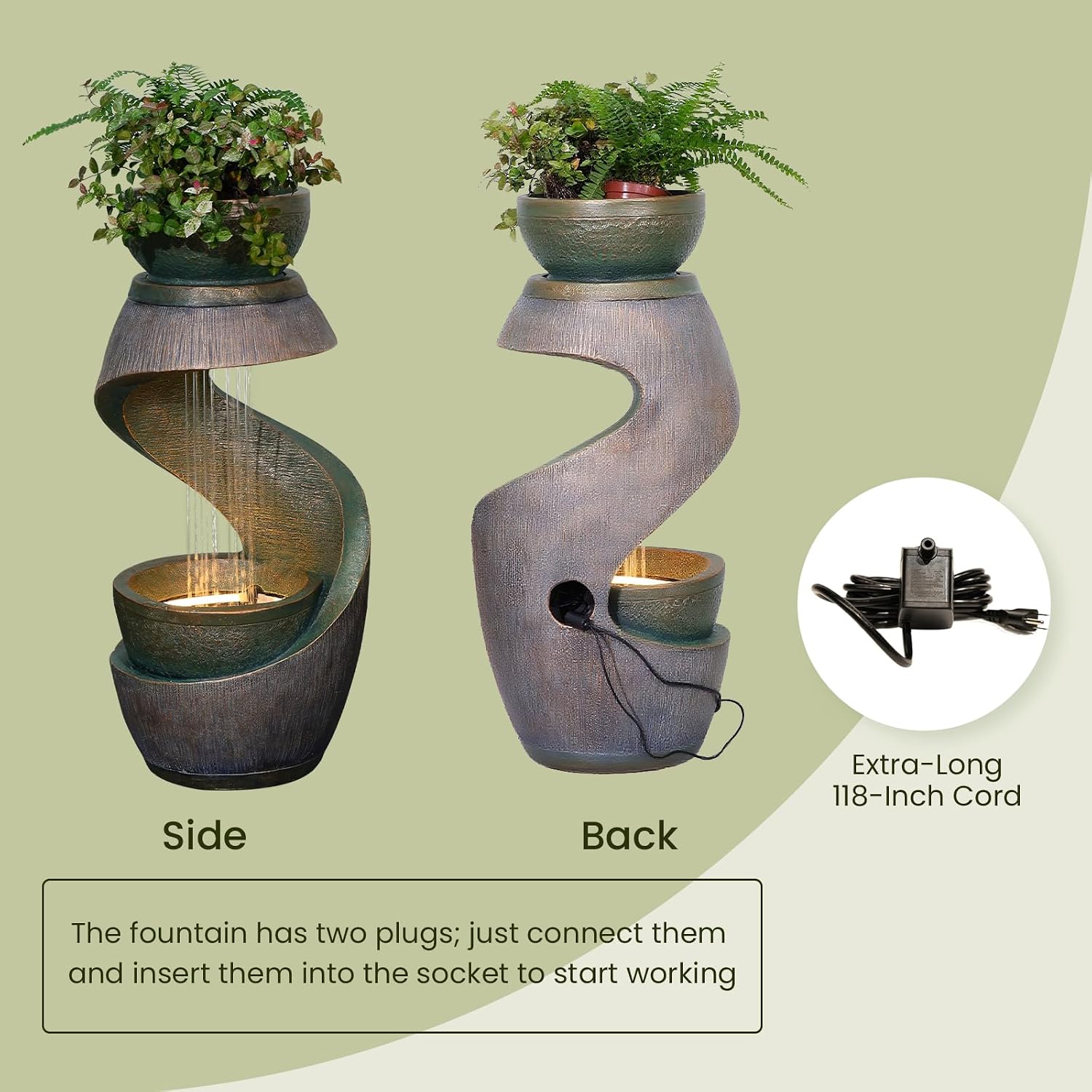 31.9' Outdoor Water Fountain with Lights – S-Shaped Water Feature Outdoor Modern Resin Waterfall Feature with Bowl Planter, Decorative Garden Fountain for Patio Balcony Porch Yard, Gold