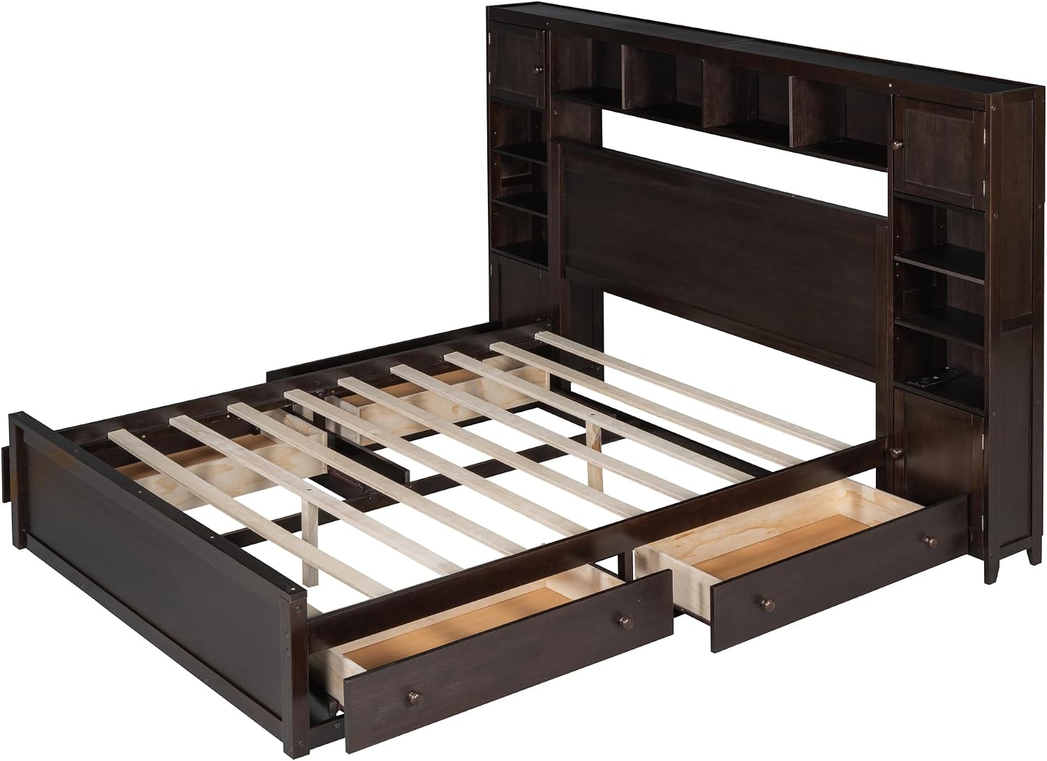 Harper & Bright Designs Espresso Queen Size Platform Bed with All-in-One Cabinet, Shelf and Sockets, Wooden Beds with 4 Storage Drawers, Queen Bed Frame for Bed Room, No Box Spring Needed