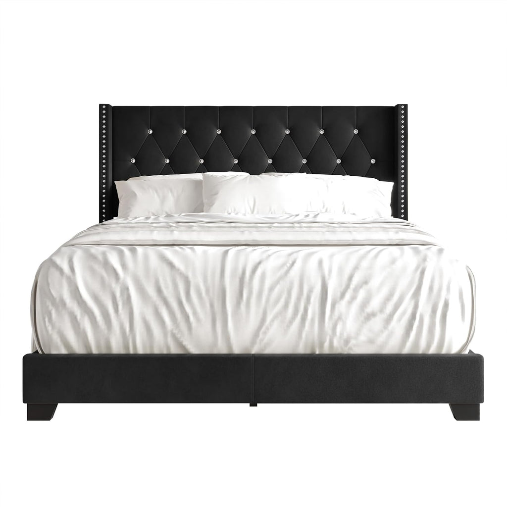 Queen Button Tufted Wingback Velvet Upholstered Bed, Black