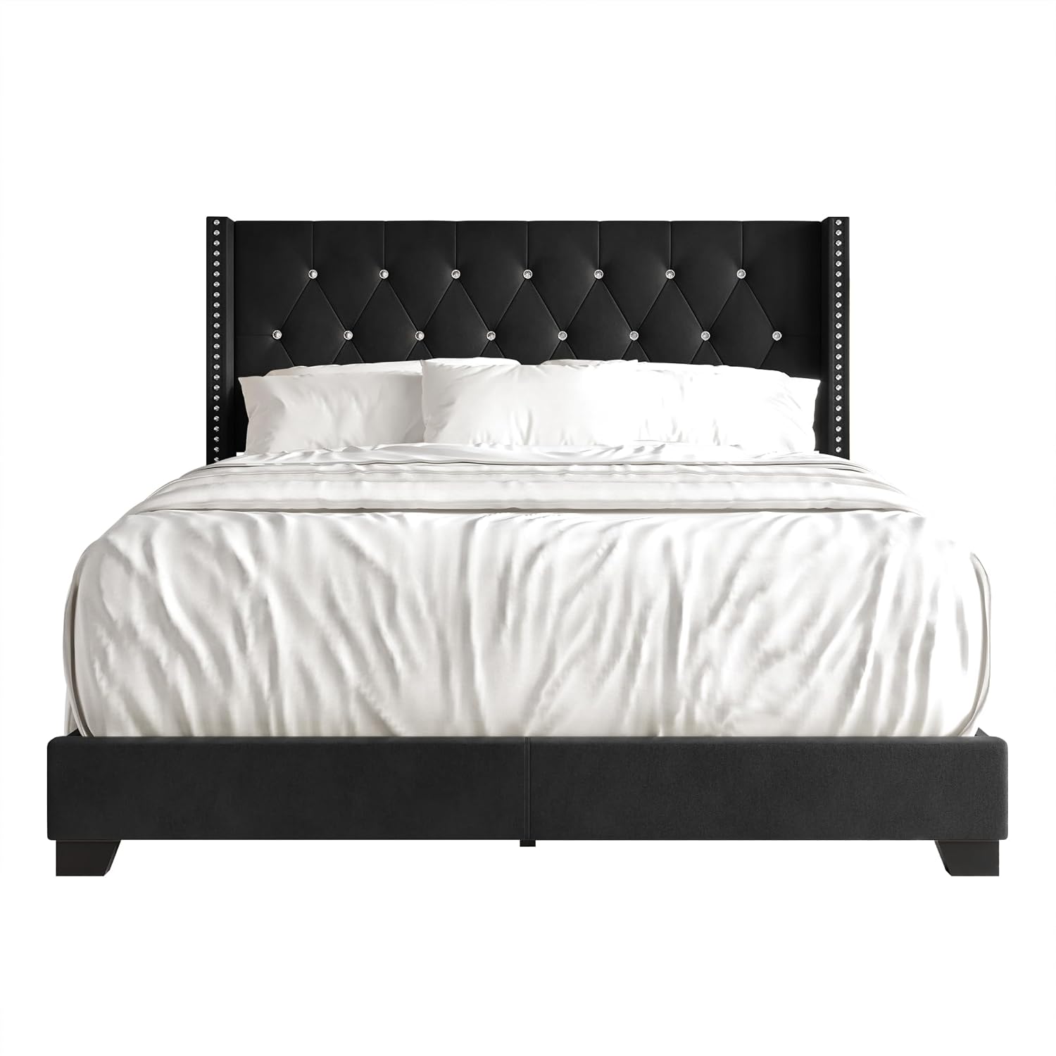 Queen Button Tufted Wingback Velvet Upholstered Bed, Black