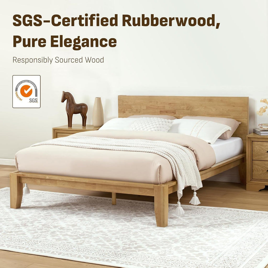 Softa Mikor Queen Japanese Joinery Bed Frame with Headboard, Solid Rubberwood Platform Bed, 1500 Lbs Heavy Duty, SGS Certified, 15Min No-Tool Setup, Storage Shelf, USB-A/C Port, No Box Spring Needed