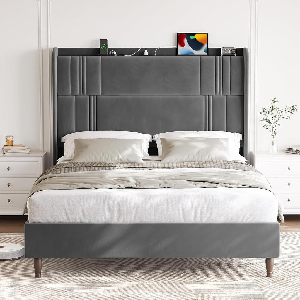 Queen Bed Frame with Tall Headboard, 52' Upholstered Platform Bed Frame with Charging Station, Luxury Velvet Bed Frames/Curved Wingback Headboard, No Box Spring Needed, Easy Assembly/Sturdy, Dark Grey