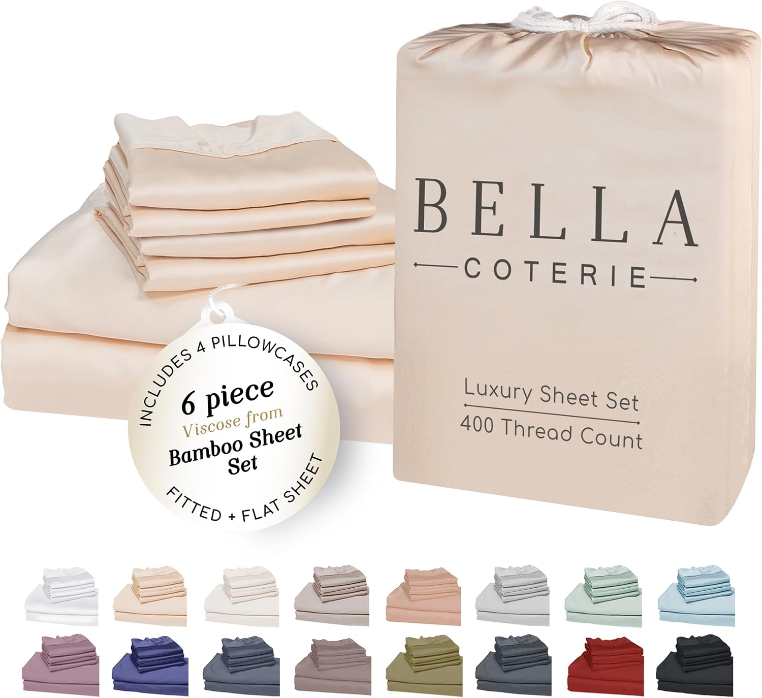 Bella Coterie 6 Piece Luxury Bamboo Viscose King Size Sheet Set | 100% Organically Grown | Cooling for Hot Sleepers | 18' Deep Pocket | Soft & Hypoallergenic | 4 Pillowcases [Champagne]