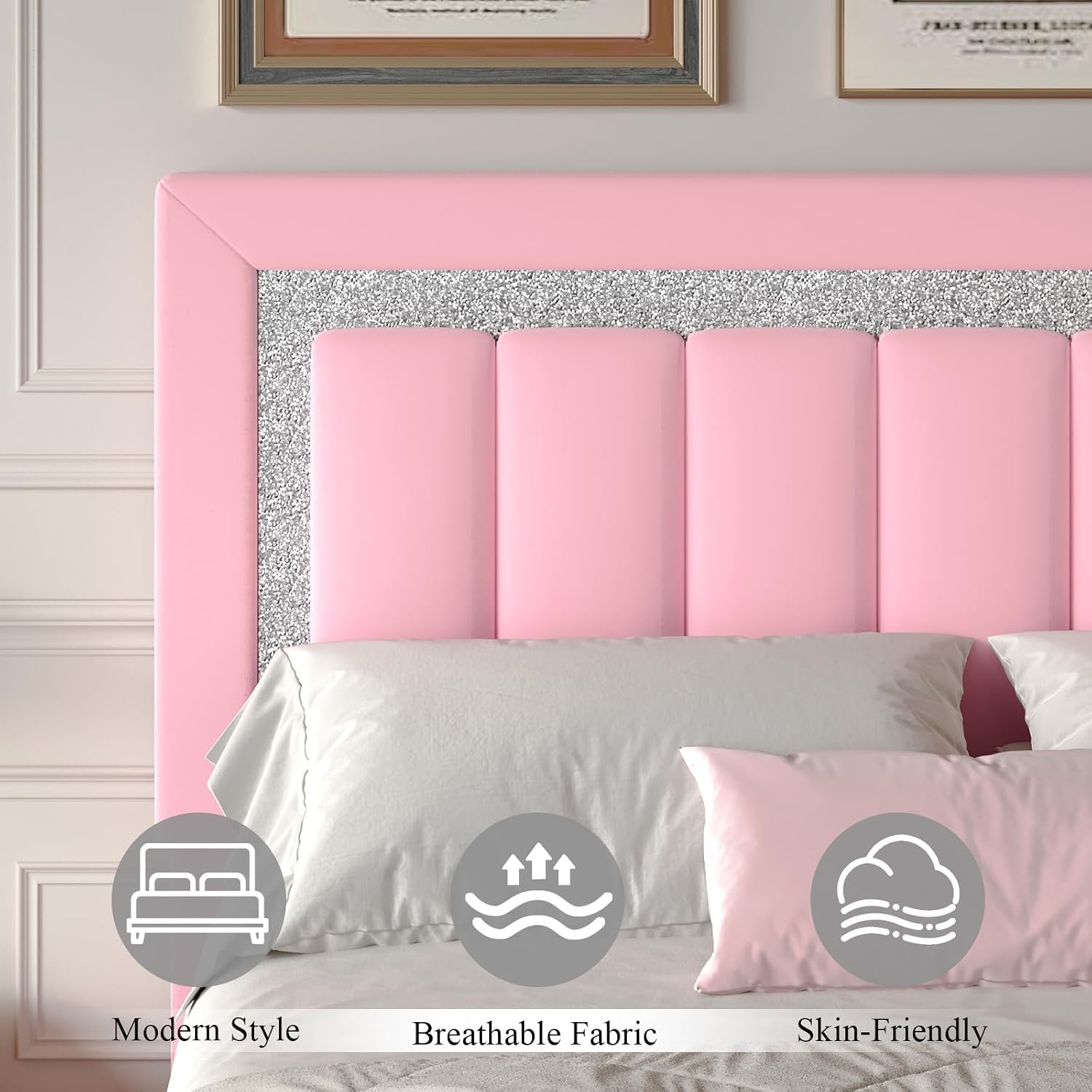 HOMBCK Queen Bed Frame, Upholstered Bed Frame with Diamond Headboard, Modern Queen Size Bed with Wooden Slats Support, Mattress Foundation, No Box Spring Needed, Easy Assembly, Pink