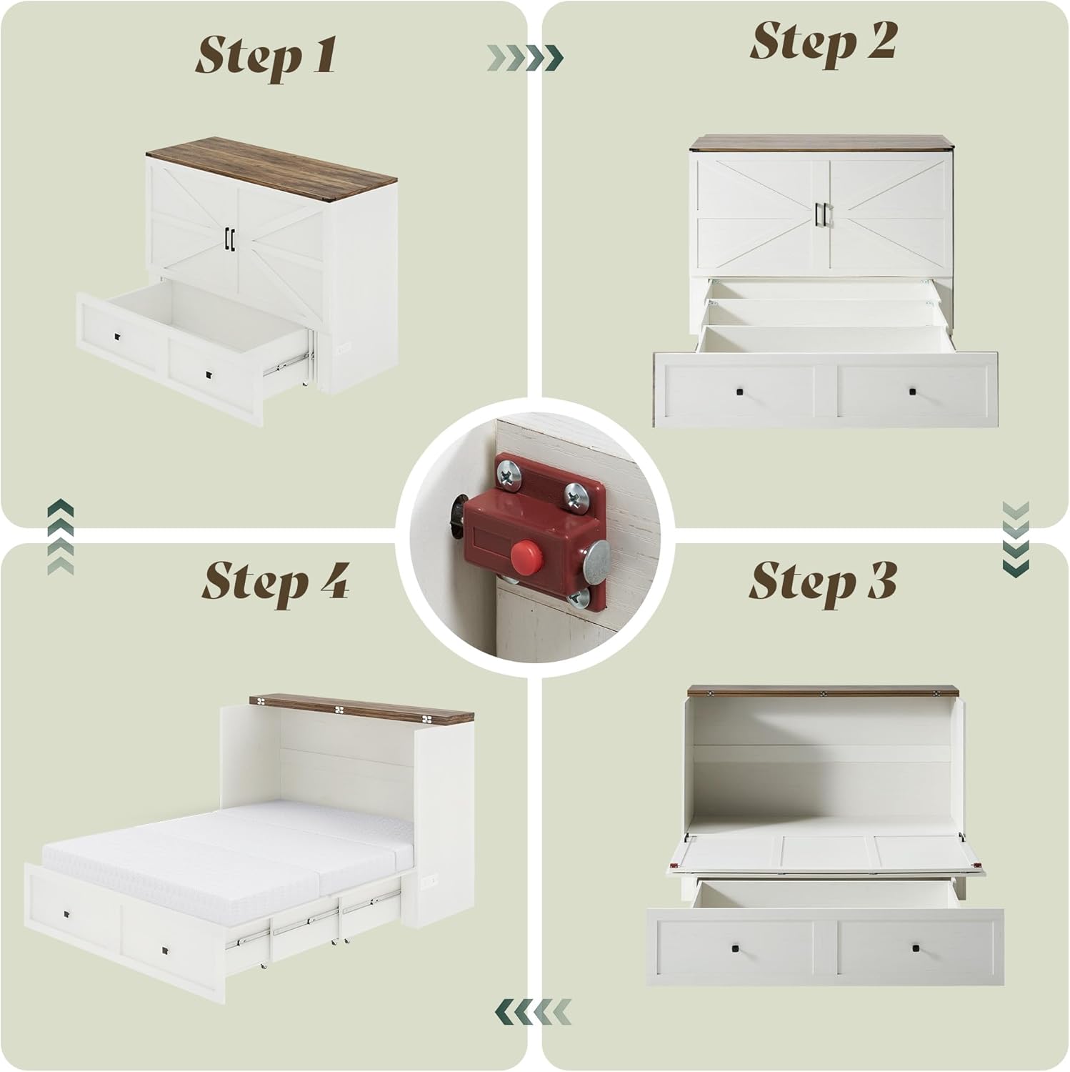 LUXOAK Queen Murphy Bed with 6' Tri-Fold Memory Foam Mattress, Storage Drawer & Charging Station, Space-Saving Design for Home Office or Guest Room, White