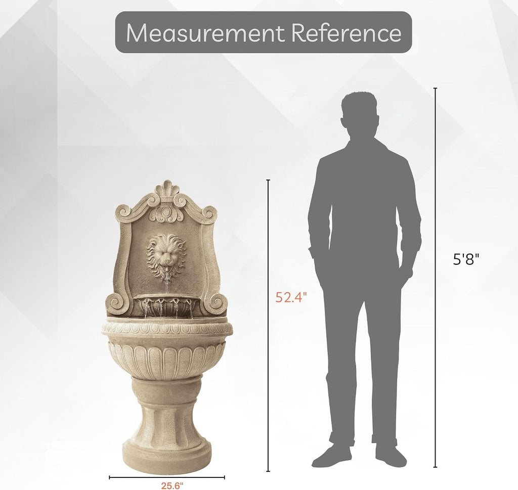 Xbrand 52.4' Sandstone Lion Head Floor Fountain, Two-Tier Outdoor Water Feature, Durable Resin Construction