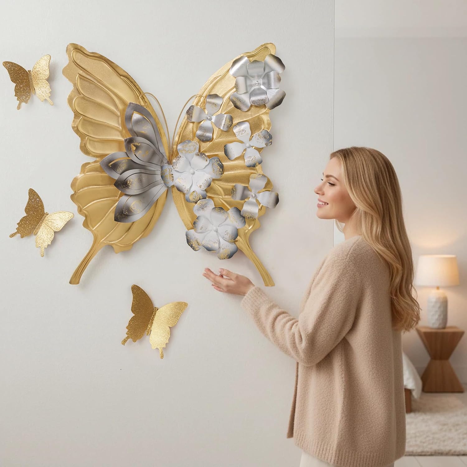 XWYLFDC Large Sized 3D Metal Wall Art Featuring Golden Butterfly With Black And White Gradient Flowers Exudes Luxury And Is Suitable Wall Decor For Living rooms Bedrooms Kitchens And Offices