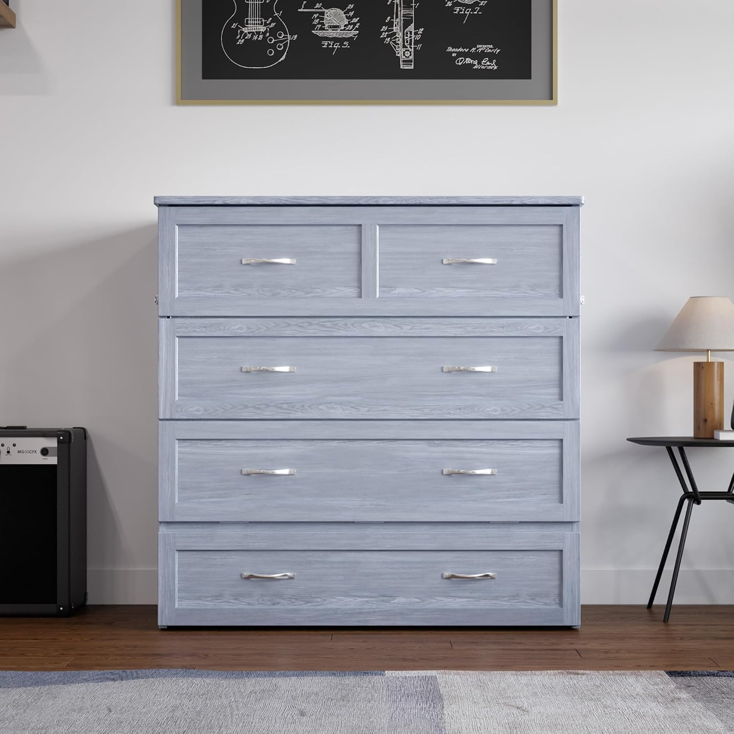 AFI, Northfield Murphy Bed Chest Twin XL with 6' Mattress, Storage Drawer & Built-in USB Charger, Driftwood