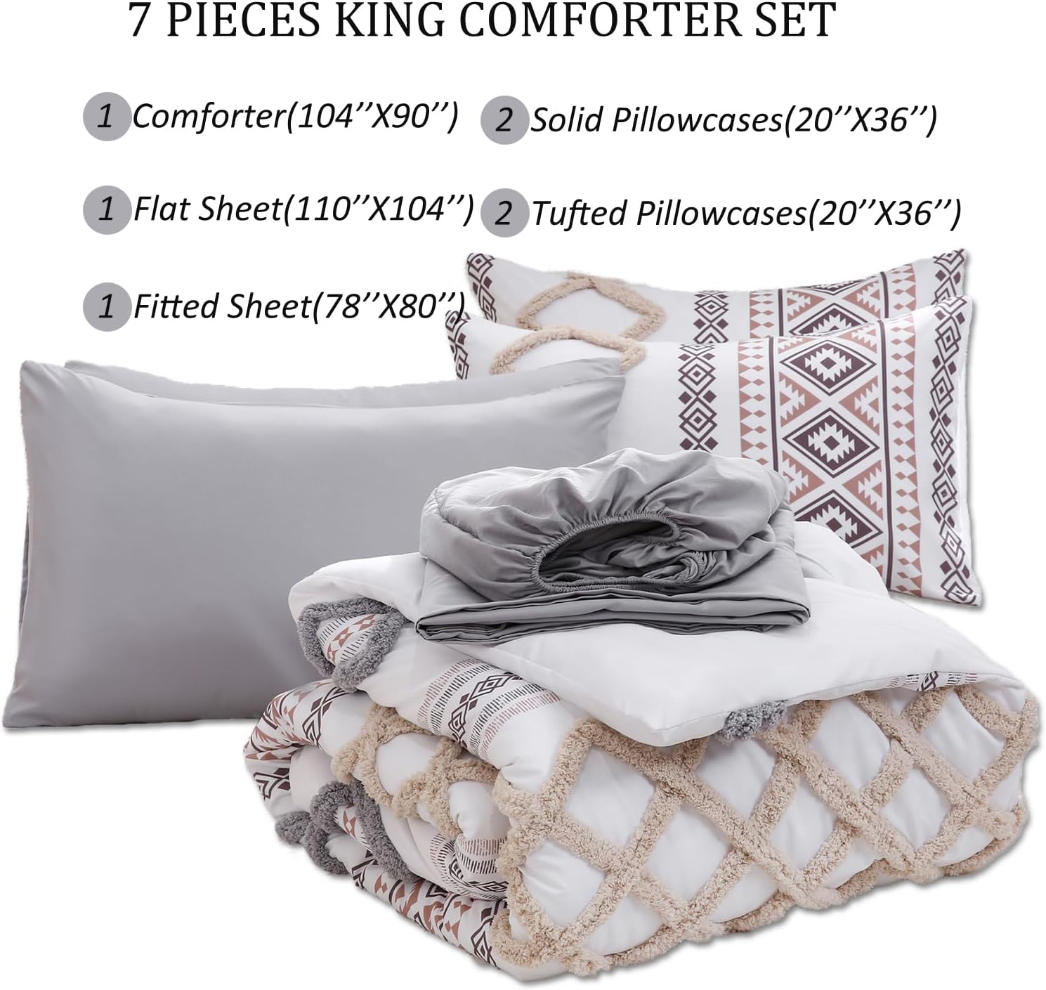 MOVE OVER Tufted Comforter Set King Size Boho Comforter Set 7 Pieces Bed in a Bag King 100% Soft Microfiber Aztec Comforter Set Shabby Chic Farmhouse Style Beige and Gray Fluffy Tufted Bedding Set