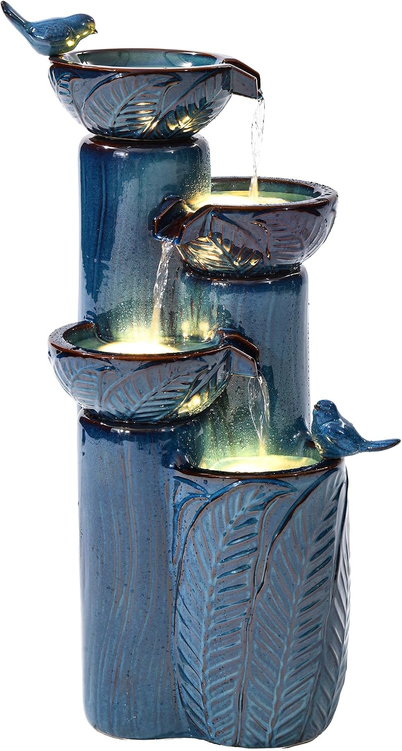 33' H Ceramic Outdoor Water Fountain with LED Lights, 4-Tier Bowl Water Feature with Birds, Teal Blue Glaze, Embossed Leaf Pattern, Cascading Waterfall for Tranquil Garden, Patio, or Porch