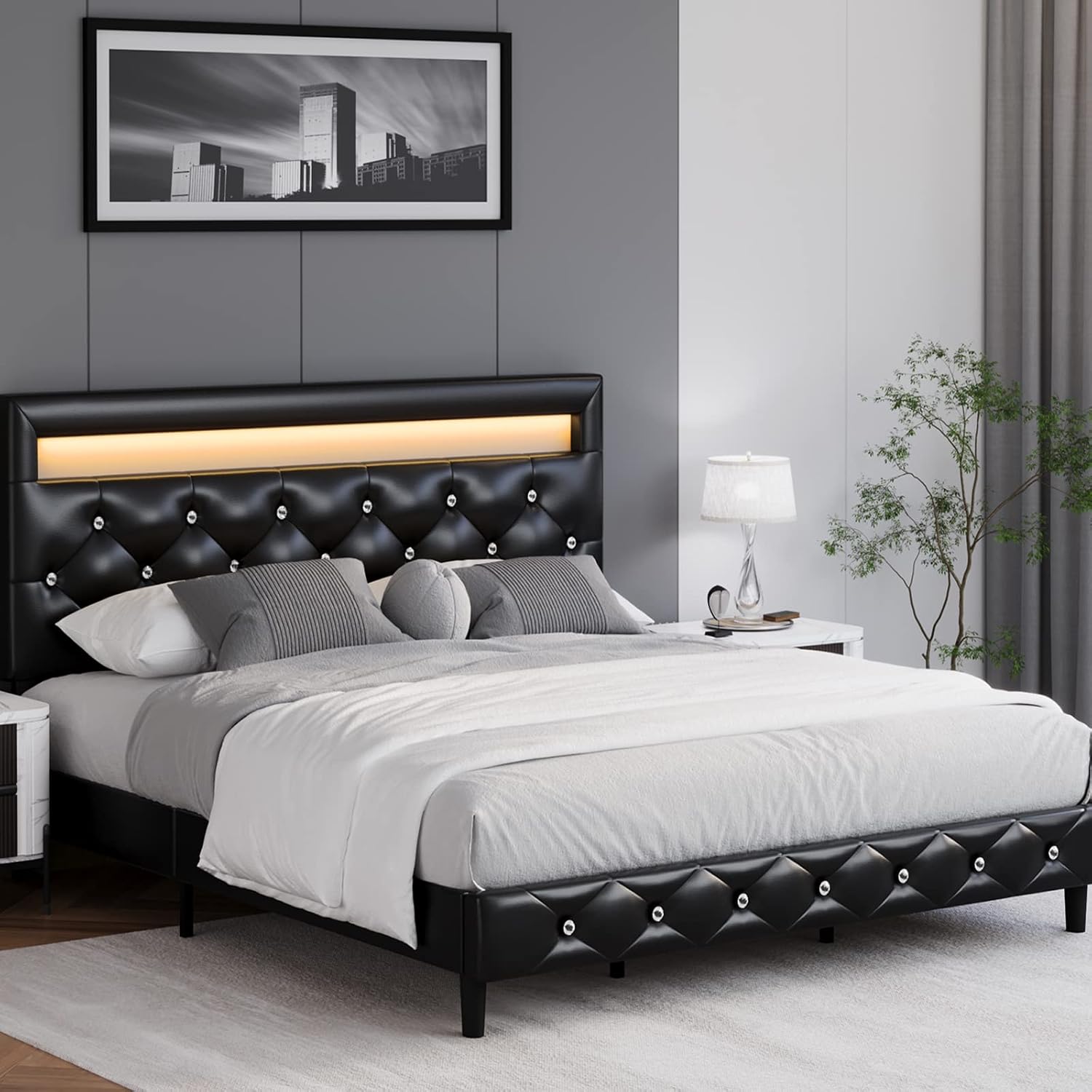 Keyluv Modern Upholstered Queen Bed Frame with LED Lights, Faux Leather Low Profile Platform Bed Frame, Adjustable Crystal Button Tufted Headboard, Strong Wood Slat Support, Easy Assembly, Black