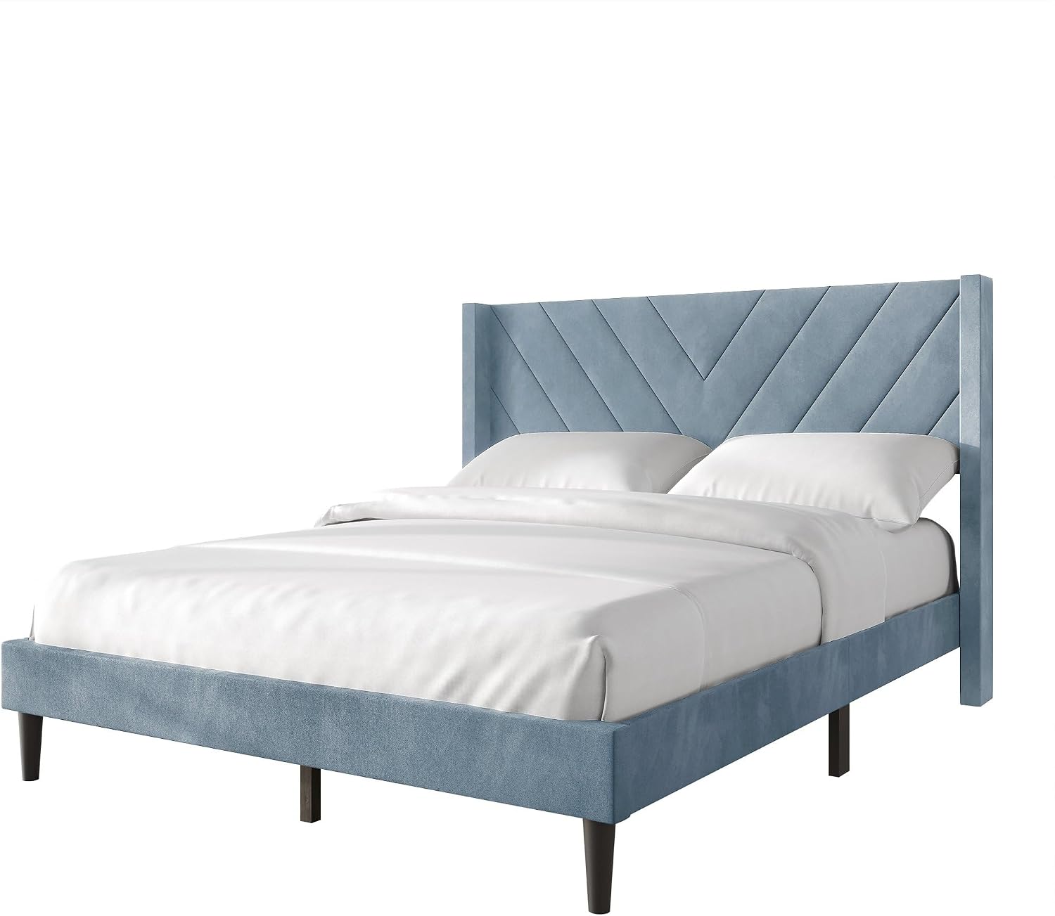 Queen Platform Bed Frame with Chevron-Stitched Wingback Headboard, Velvet Upholstery, No Box Spring Needed, Easy Assembly, Light Blue