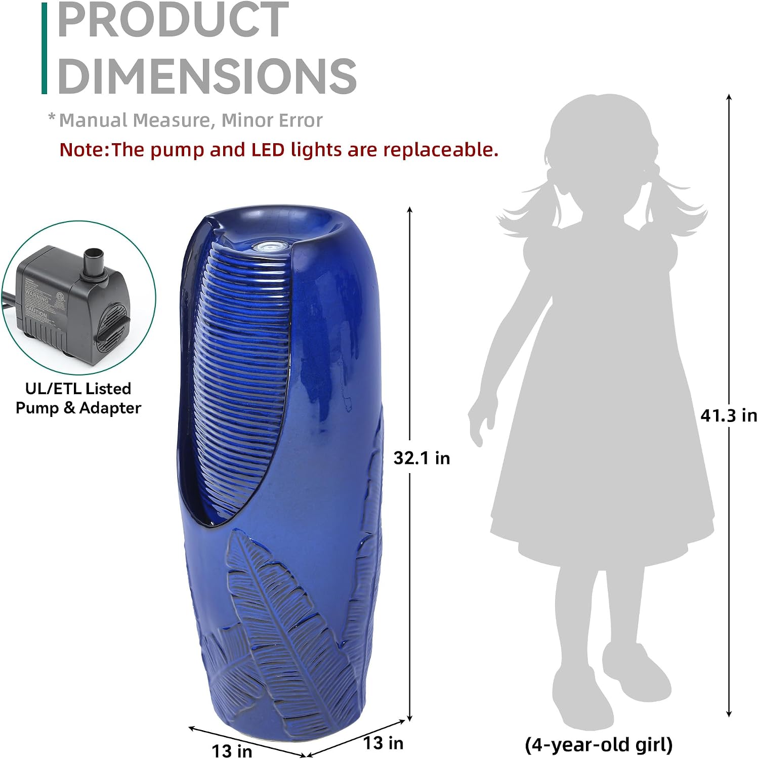 33' Tall Outdoor Garden Fountain with LED Lights, Modern Ceramic Jar Water Fountain, 3D Tropical Leaf Pattern, Cobalt Blue Glaze, Soothing Cascading Waterfall for Relaxing Patio, Yard, Porch