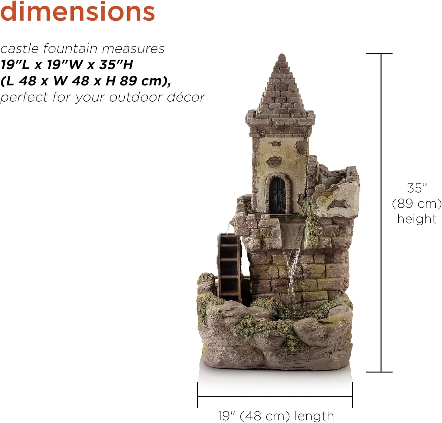 Alpine Corporation USA1164 Outdoor Floor Tiered Fairy Castle Waterwheel Water Fountain with Realistic Stone Look, 35', Brown