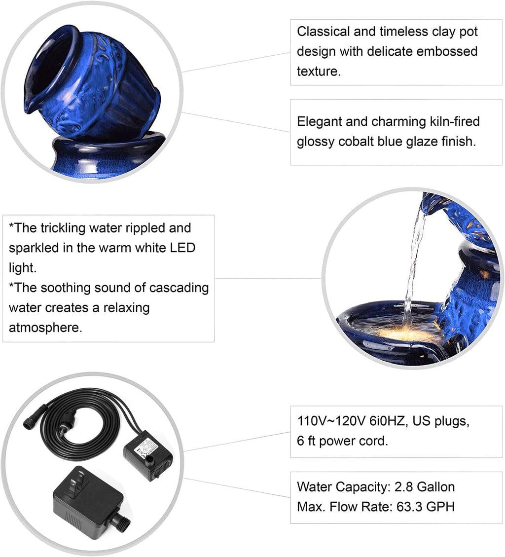 Glitzhome 27.25' H Outdoor Garden Water Fountain with LED Lights and Pump, 4 Tier Cobalt Blue Embossed Pattern Ceramic Pots Cascading Floor Standing Fountain for Porch Deck Patio Backyard Decoration