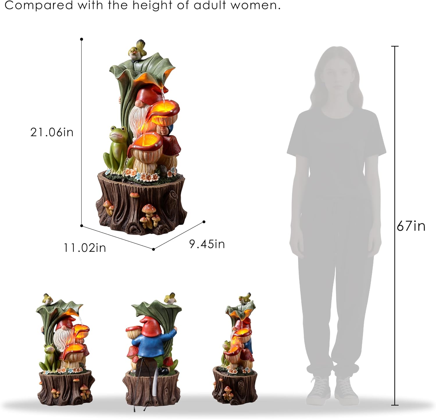 Kalona Gnome Outdoor Waterfall Fountain with LED Lights, Resin Tree Stump Waterfall Fountain for Patio Balcony Yard, 21' Tall Garden Water Feature 25007