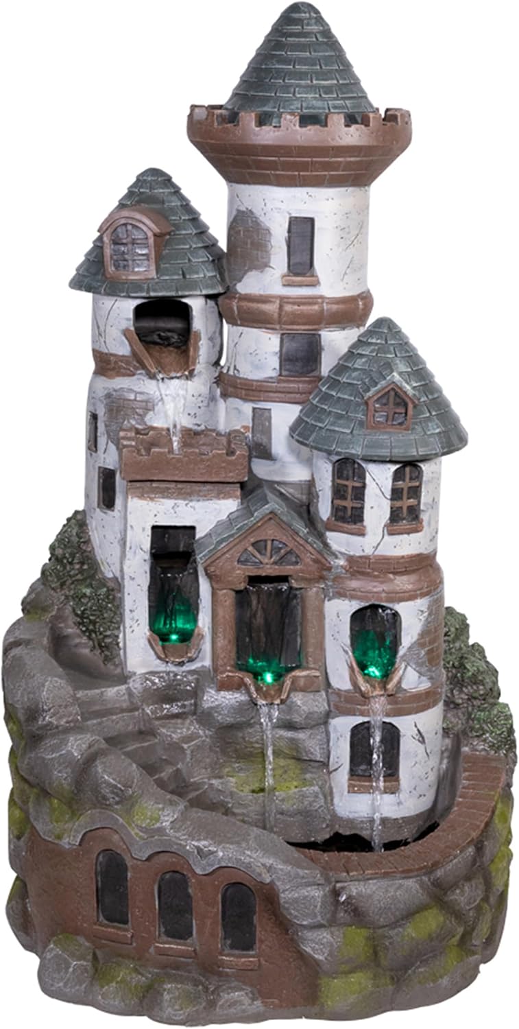 Alpine Corporation USA1368 Outdoor Floor Tiered Fairy Castle Water Fountain with Color Changing LED Lights, 35', Brown