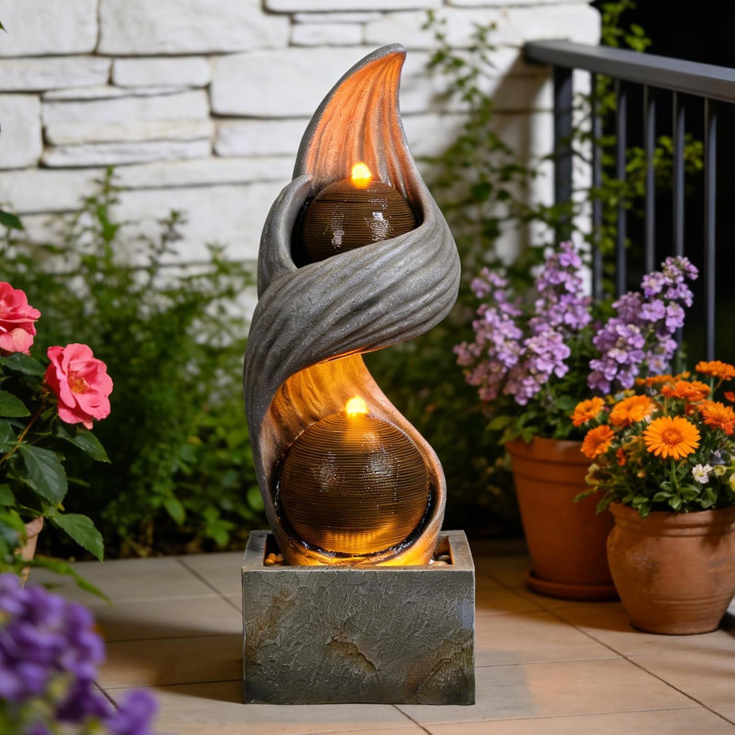 42.9'H Large Water Fountains Outdoor,Modern Spiral Water Fountain Outdoor with Dual Spheres Zen Water Feature Floor Fountain with Light LED Waterfall for Outside Deck, Patio, Porch, Garden, Yard Decor