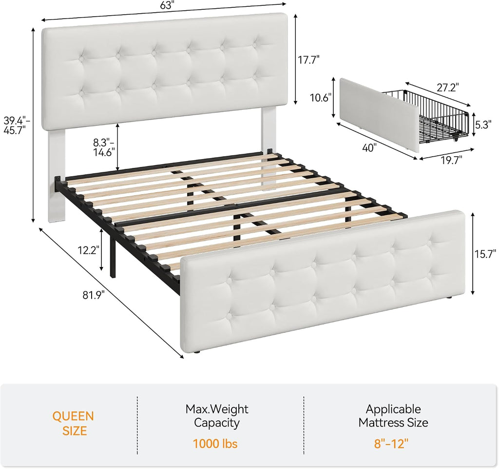 IDEALHOUSE Queen Size Bed Frame with 4 Storage Drawers and Headboard, Faux Leather Upholstered Platform Bed Frame with Wooden Slats Support, Button Tufted Design, No Box Spring Needed, Beige