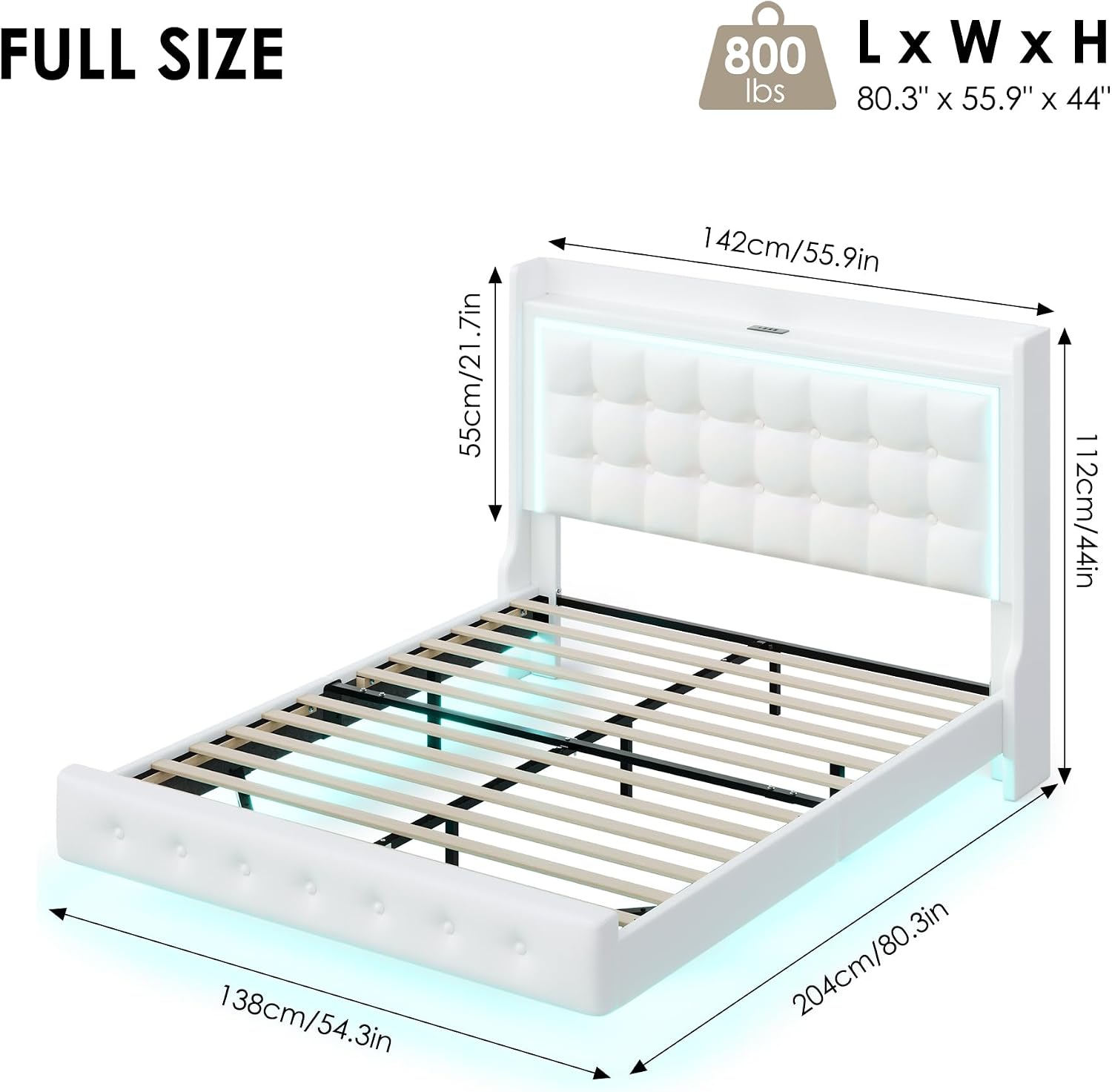 Keyluv Upholstered Full Floating Bed Frame with LED Lights and Charging Station, Pu Leather Platform Bed with Button Tufted Storage Headboard, Type-C & USB Charging Ports, No Box Spring Needed, White