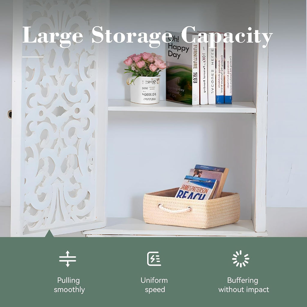 Sophia & William Accent Cabinet Small with Single Door, 31.5' Tall Side End Table, Distressed Nightstand with Wooden Frame and Hollow Carved Door, White