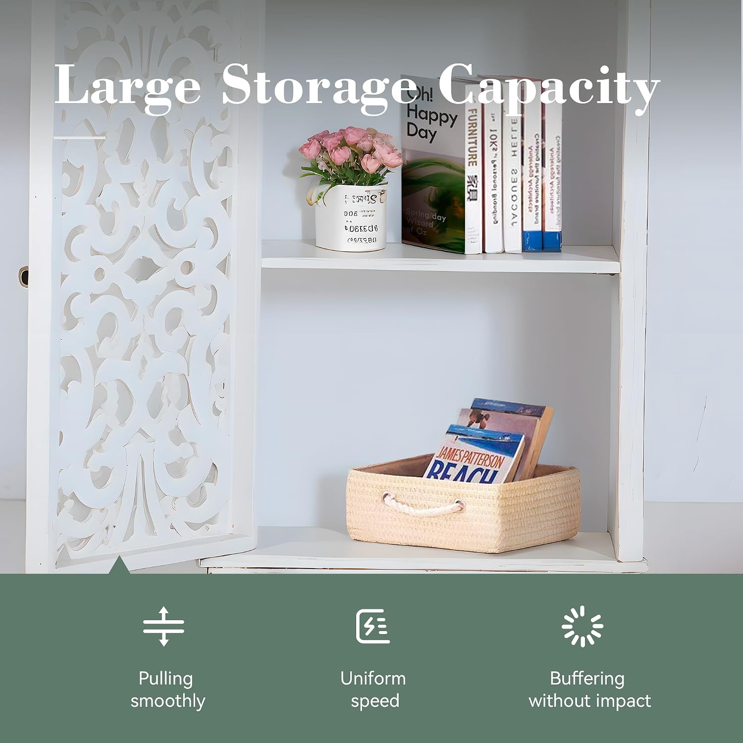 Sophia & William Accent Cabinet Small with Single Door, 31.5' Tall Side End Table, Distressed Nightstand with Wooden Frame and Hollow Carved Door, White