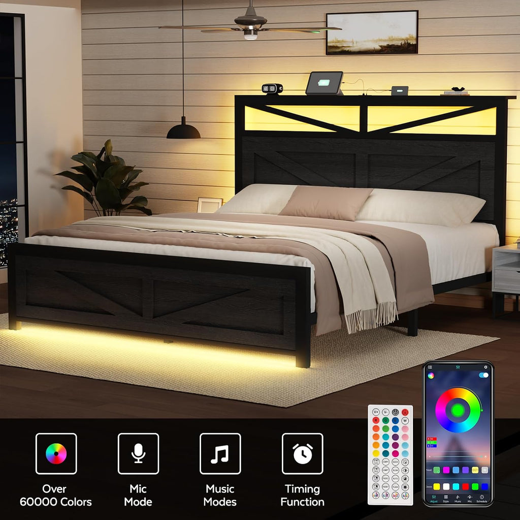 Rustic Full Size Bed Frame with Barn Door Headboard and Storage, Farmhouse LED Bed Frame Full with Charging Station, Industrial Bed Frames Metal Slats Support, No Box Spring Needed, Black