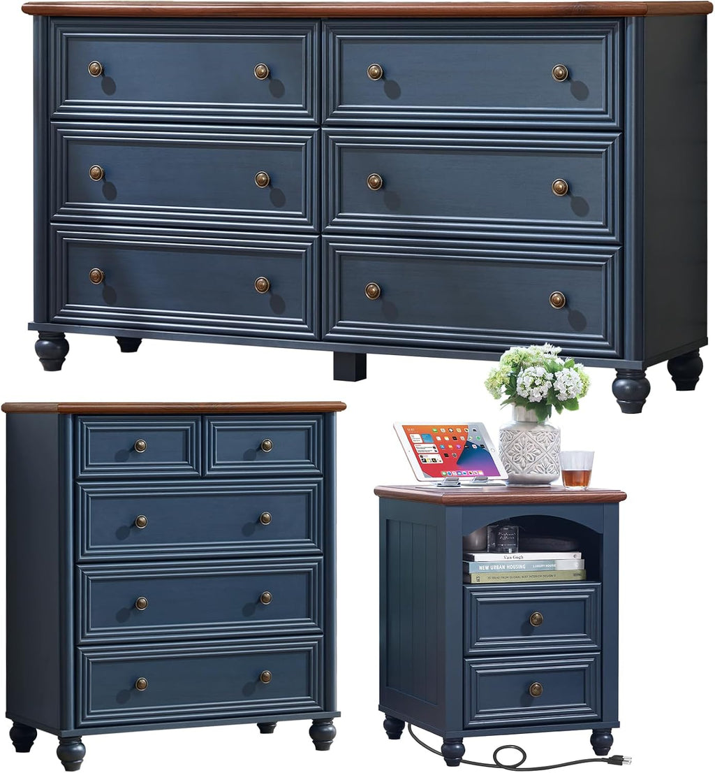 Farmhouse Dressers & Night Stand Set of 3, Wood 54' Wide 6 Drawer Dresser & 35.5'Tall Chest of Drawers, 18' with Charging Station Nightstand, Bedroom Furniture Dresser Set for Home Living Room Hallway