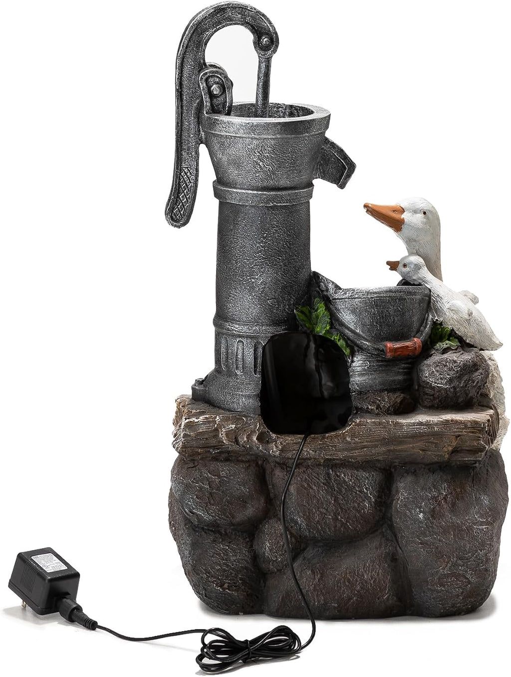 Glitzhome 23.5' Outdoor Duck Fountain with LED Light & Pump, Freestanding 2 Tier Weather-Resistant Patio Fountains Waterfall, Farmhouse Duck Family Sculpture Water Fountain for Backyard Lawn Decor