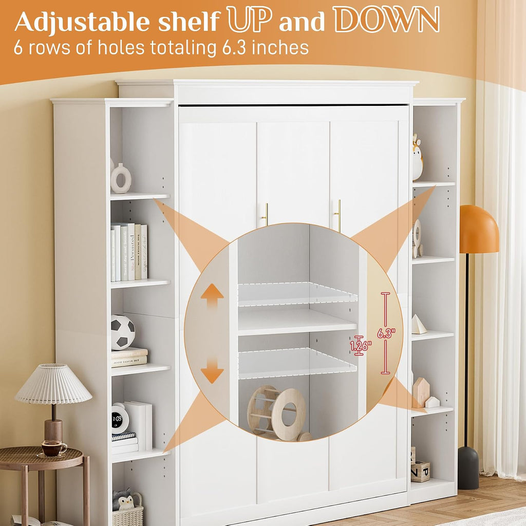 Rophefx Full Murphy Bed Cabinet with 5-Tier Adjustable Storage Shelves, Wood Full Wall Bed Cabinet Bed, Space Saving Beds, Hidden Bedframe, Foldable Platform Beds for Guest Room, Bedroom, White