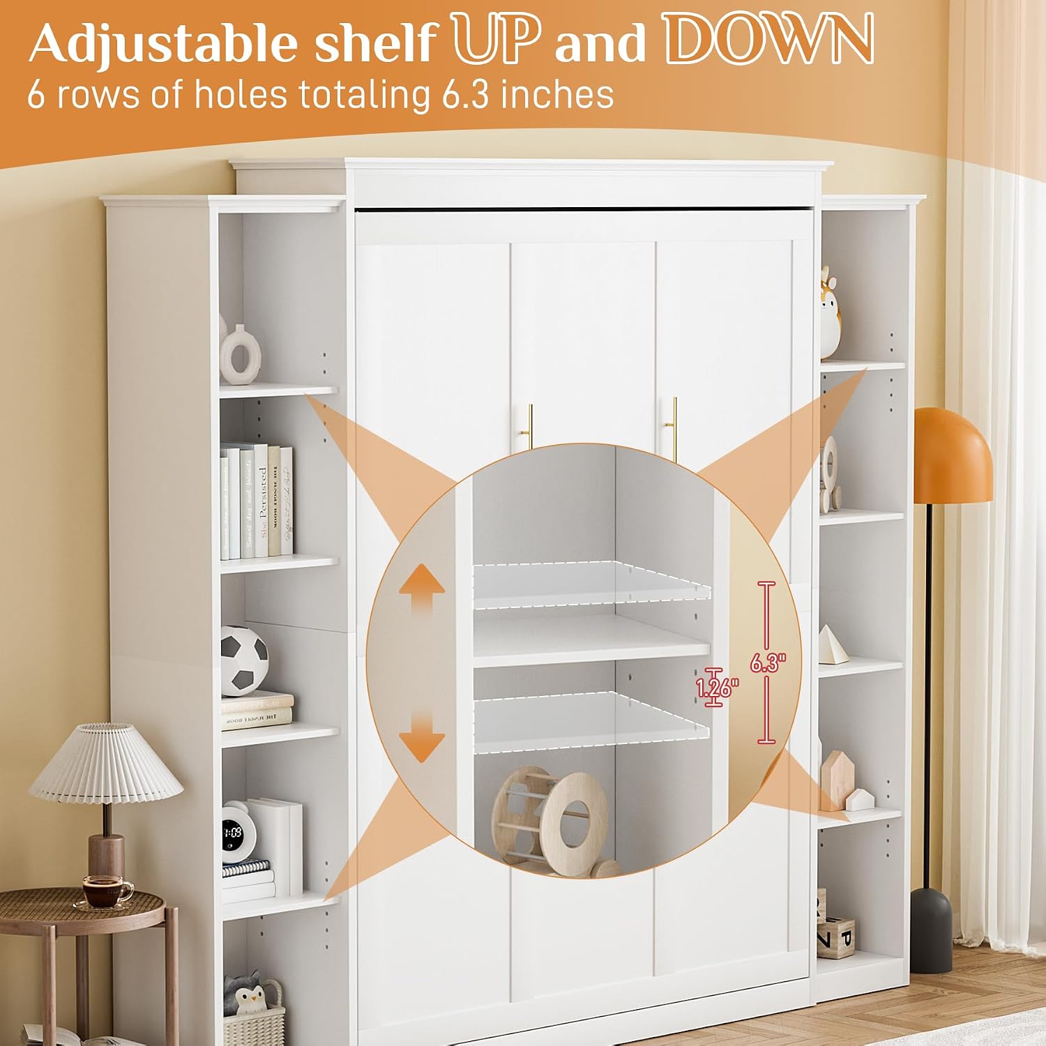 Rophefx Full Murphy Bed Cabinet with 5-Tier Adjustable Storage Shelves, Wood Full Wall Bed Cabinet Bed, Space Saving Beds, Hidden Bedframe, Foldable Platform Beds for Guest Room, Bedroom, White