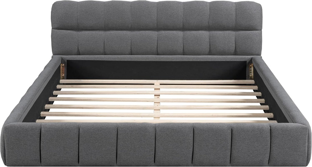 Merax Queen Size Upholstered Platform Bed Frame for Boys Girls Kids Adults Toddler with Thick Fabric, Grounded Bed with Solid Frame, Gray