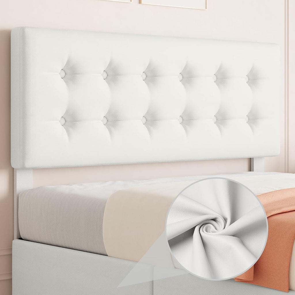 IDEALHOUSE Queen Size Bed Frame with 4 Storage Drawers and Headboard, Faux Leather Upholstered Platform Bed Frame with Wooden Slats Support, Button Tufted Design, No Box Spring Needed, Beige