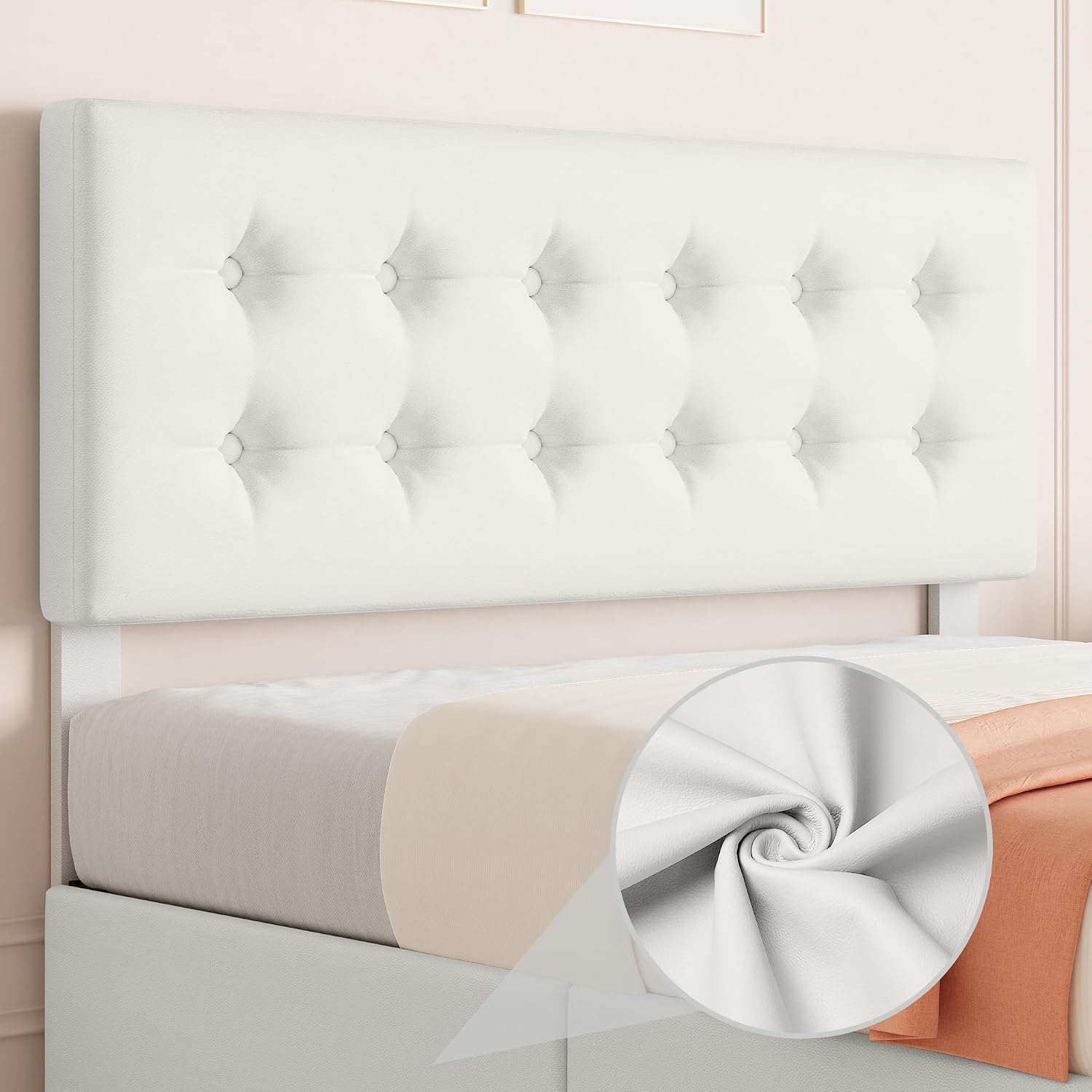 IDEALHOUSE Queen Size Bed Frame with 4 Storage Drawers and Headboard, Faux Leather Upholstered Platform Bed Frame with Wooden Slats Support, Button Tufted Design, No Box Spring Needed, Beige