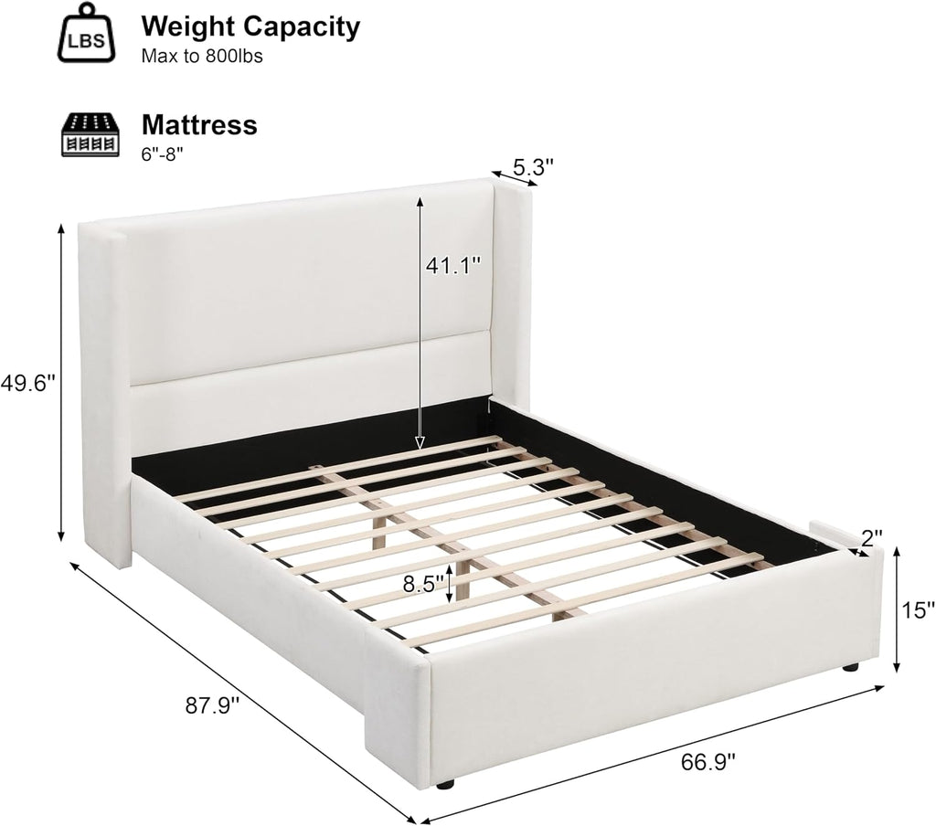 Merax Queen Size Bed Frame, Elegant White Upholstered Platform Bed with 41.1' Tall Wingback Headboard for Bedroom, Solid Wood Slats Support, No Box Spring Needed, Easy Assembly