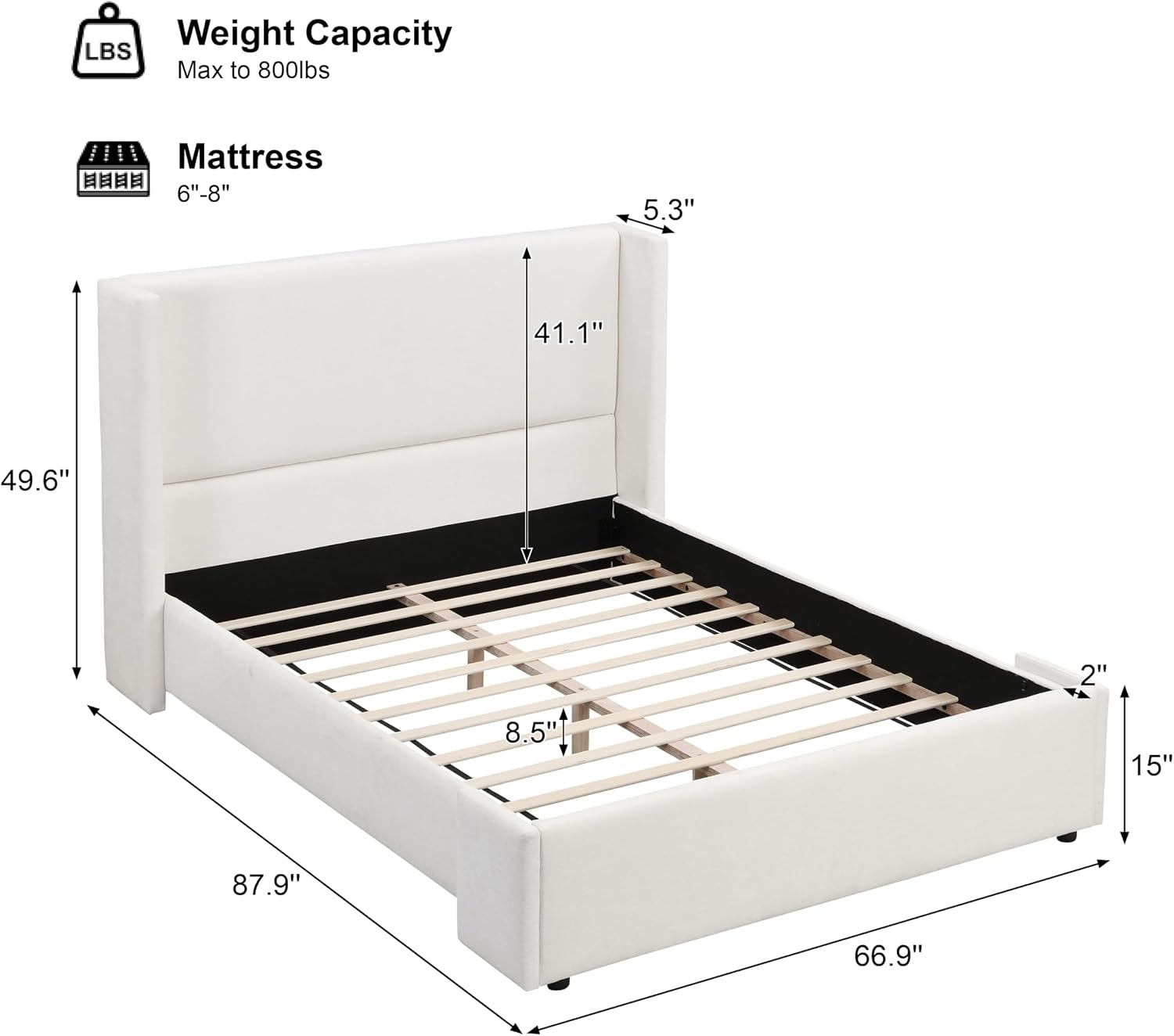 Merax Queen Size Bed Frame, Elegant White Upholstered Platform Bed with 41.1' Tall Wingback Headboard for Bedroom, Solid Wood Slats Support, No Box Spring Needed, Easy Assembly