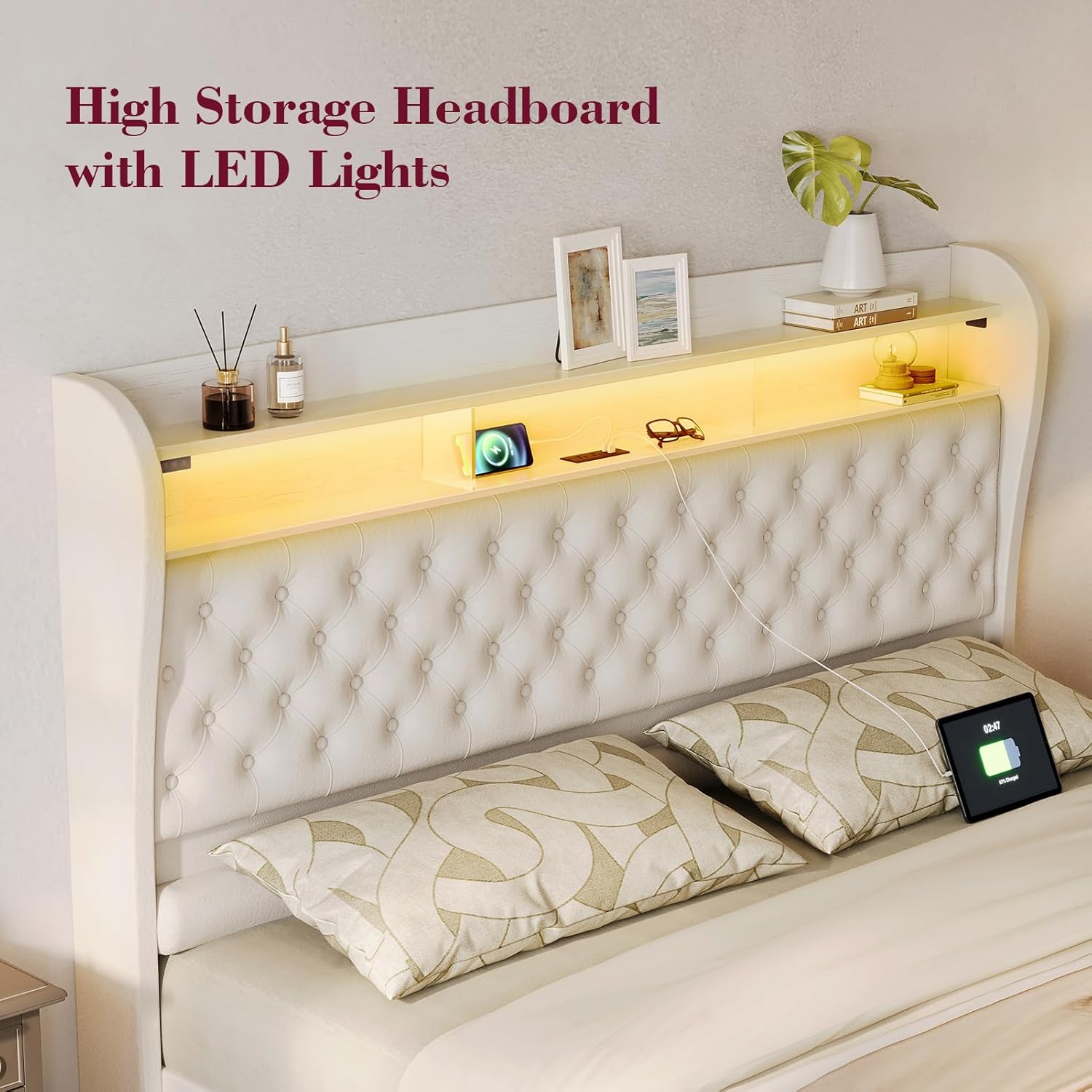 ROCHECASA Bed Frame with Storage and Charging Station, 50.6' Tall Velvet Upholstered Sleigh Bed with Wingback Bookcase Headboard with LED Light, No Box Spring Needed, Easy Assemble, Twin, Cream