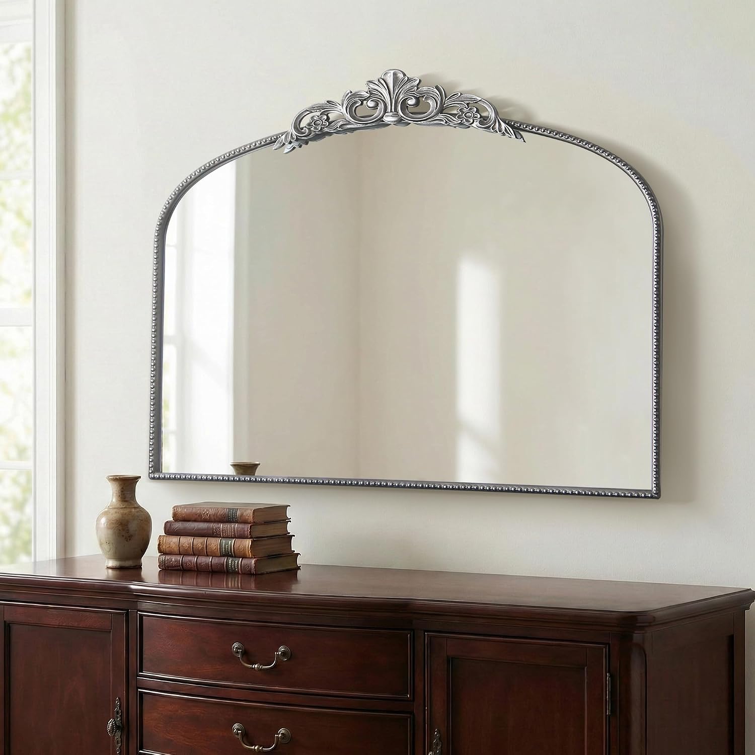 Micasso Vintage Silver Arched Mirror: 36'x29' French Baroque Antique Wall Mounted Mirror - Traditional Ornate Decorative for Wall/Fireplace/Entryway/Bathroom/Hallway - Home Decor for Living Room