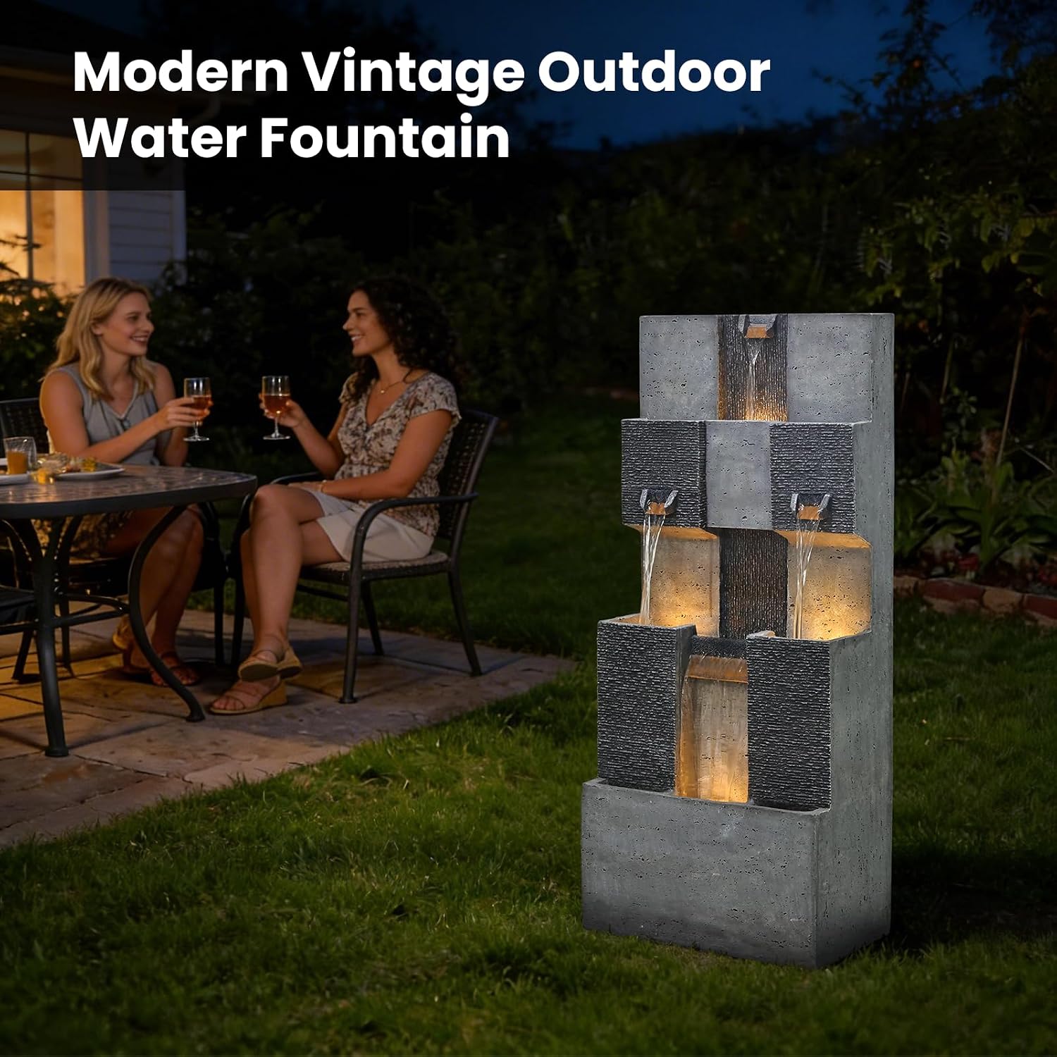 Sunlinua 45H Modern Grid Outdoor Water Fountain with LED Light Garden Cascading Waterfall Feature for Indoor or Outdoor Cascading Waterfall for Relaxing Garden Patio Backyard Deck Porch or Home Décor