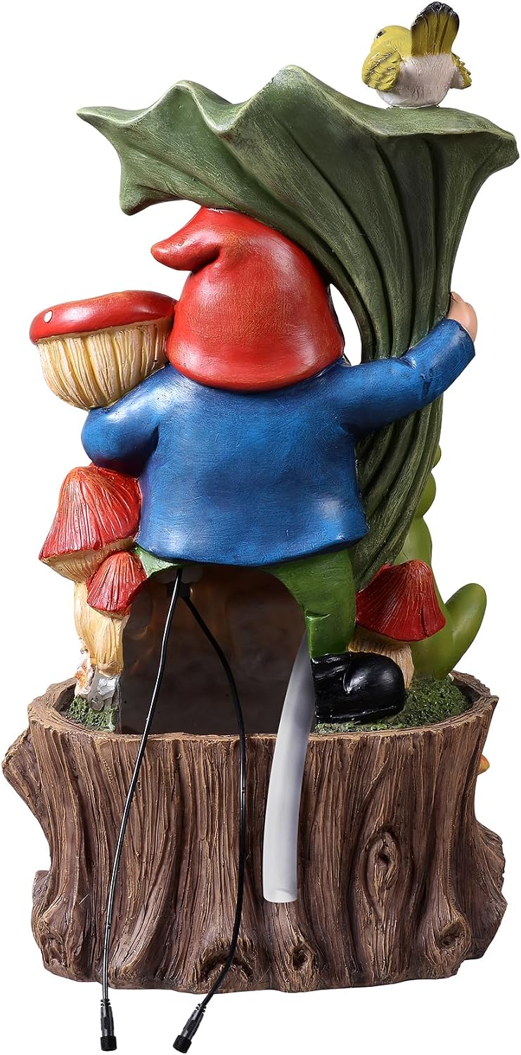 Kalona Gnome Outdoor Waterfall Fountain with LED Lights, Resin Tree Stump Waterfall Fountain for Patio Balcony Yard, 21' Tall Garden Water Feature 25007