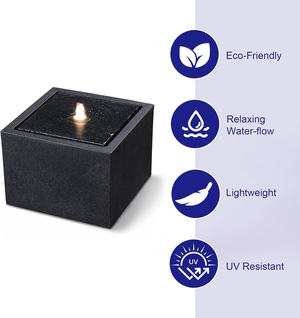 12.79' H Outdoor Water Fountain Made with Eco-Friendly Recyclable Materials, Polyethylene Square Bubbler Outdoor Fountain, Garden Decor with LED Light for Patio, Porch, Backyard