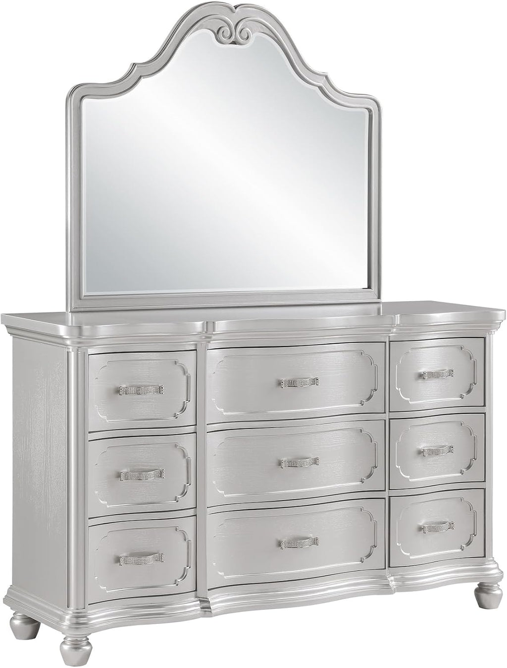 First of a Kind Roma Silver Finish Traditional 5 Piece Queen Bedroom Set with Upholstered Tufted Headboard Classic European Style Coordinated Furniture Collection