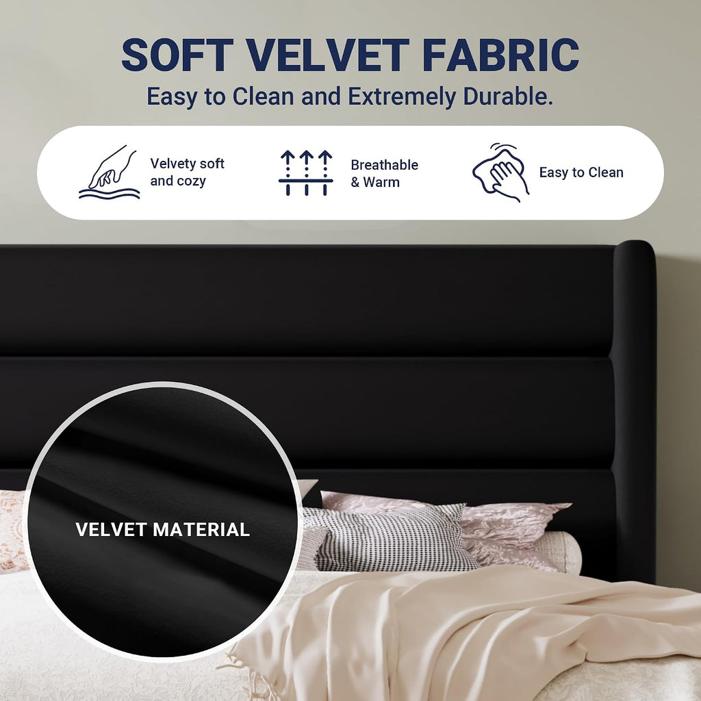Allewie Queen Size Platform Bed Frame with Velvet Upholstered Wingback Headboard, No Box Spring Needed, Under Bed Storage Space, Strong Wooden Slats, Modern Mattress Foundation, Easy Assembly, Black