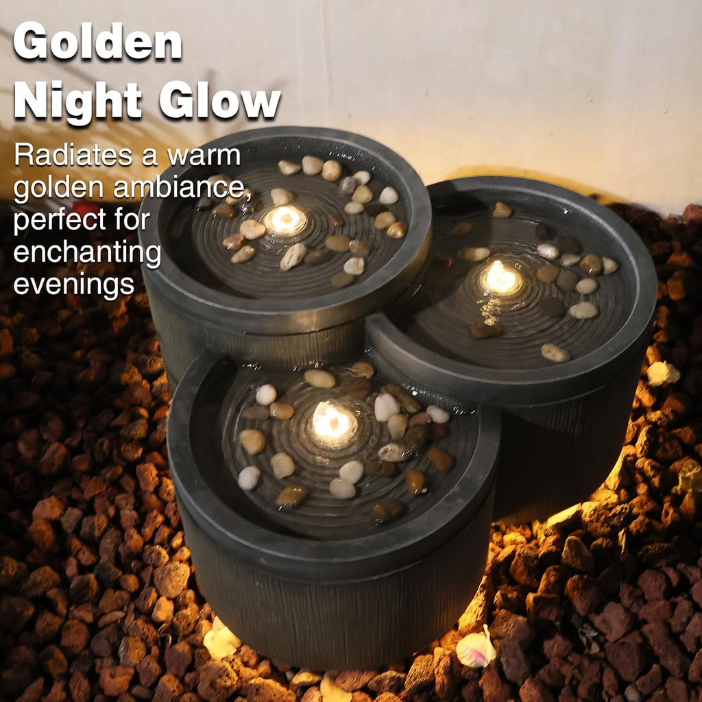 Sunlinua Small Modern Outdoor Water Fountain with 3 Led Lights Tiered Cascading Waterfall Feature with Quiet Pump Floor Water Fountain for Patio Garden Backyard Home and Indoor Décor Black Gray