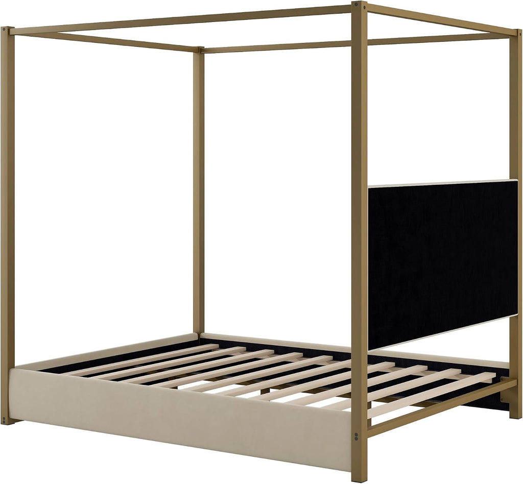 Queen Size Canopy Bed with Upholstered Headboard, 4-Poster Bed Frame with Metal Frame for Bedroom (Beige, Queen)
