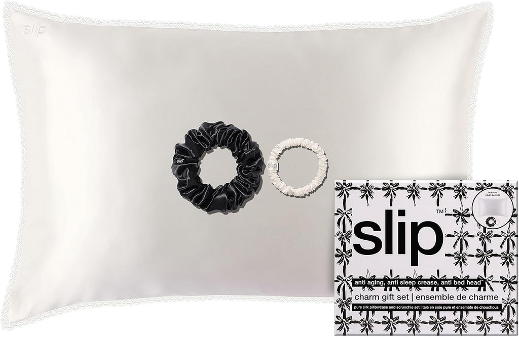 slip Charm Gift Set – White Queen Silk Pillowcase with Lace Trim, Black Large Scrunchie & White Skinny Scrunchie – Pure Mulberry Silk Hair & Sleep Essentials