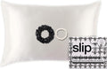 slip Charm Gift Set – White Queen Silk Pillowcase with Lace Trim, Black Large Scrunchie & White Skinny Scrunchie – Pure Mulberry Silk Hair & Sleep Essentials