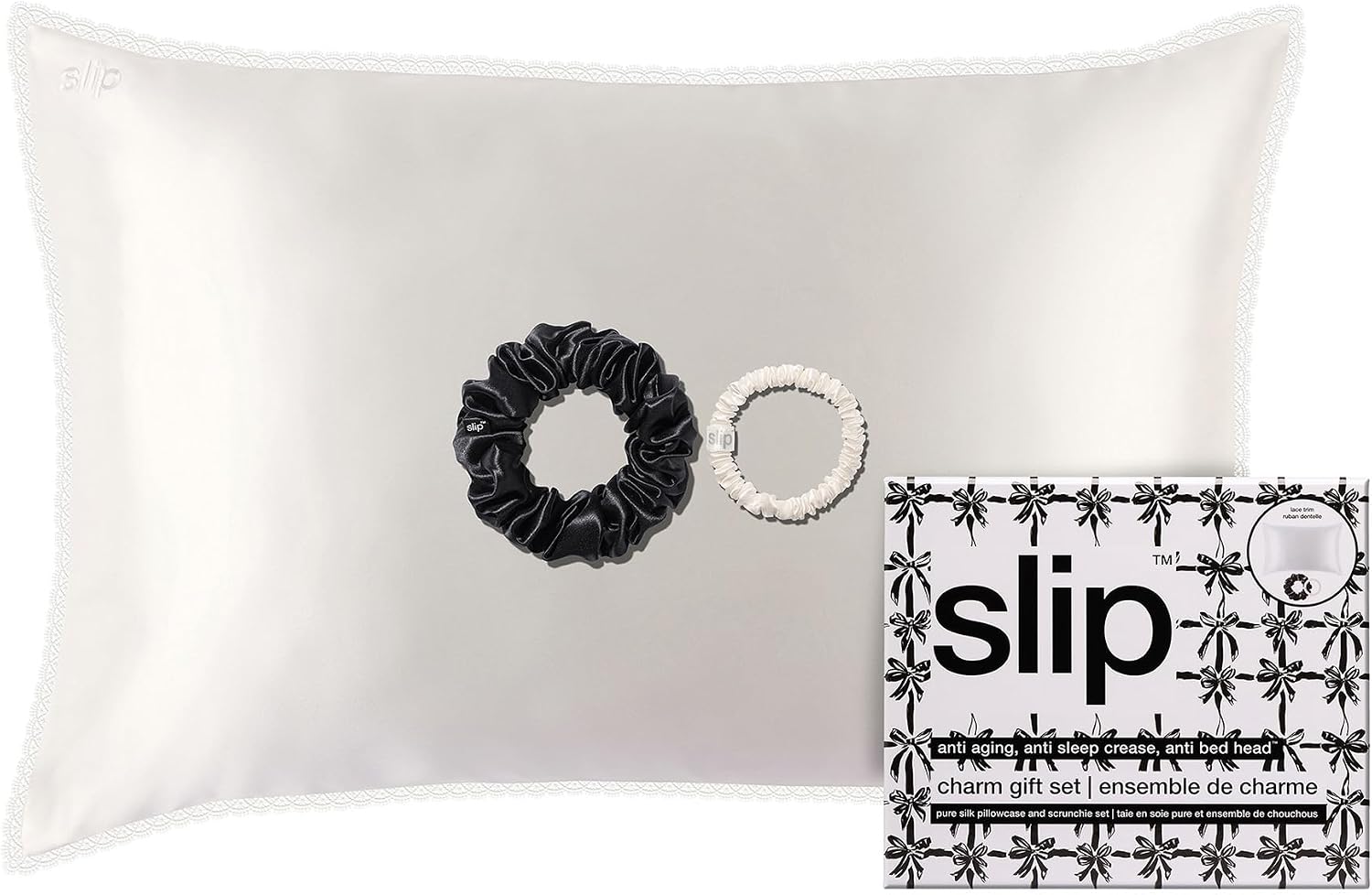 slip Charm Gift Set – White Queen Silk Pillowcase with Lace Trim, Black Large Scrunchie & White Skinny Scrunchie – Pure Mulberry Silk Hair & Sleep Essentials
